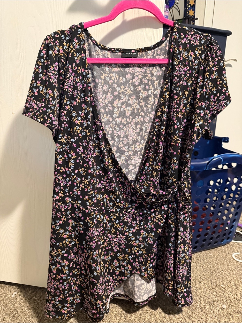 torrid Black Floral Wrap Top with Pink & Blue Blossoms